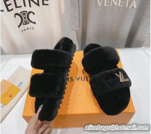 Good Quality Louis Vuitton LV Sunset Comfort Flat Slide Sandals in Wool Black 026117