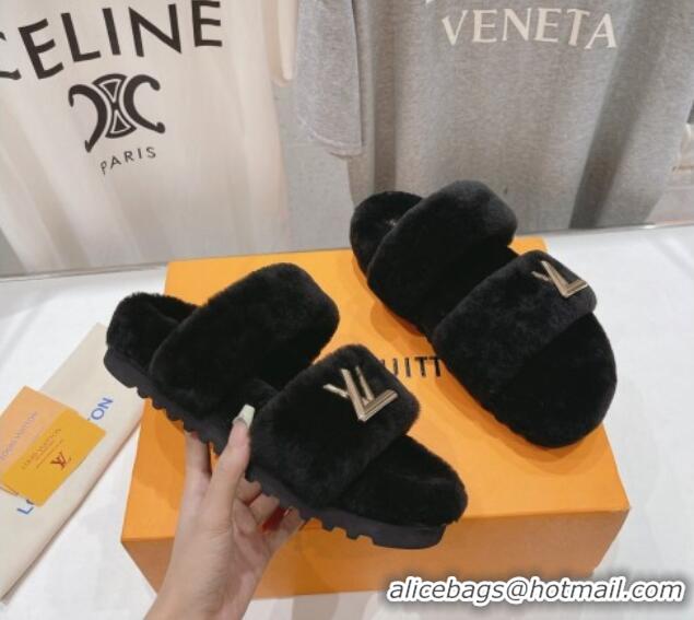 Good Quality Louis Vuitton LV Sunset Comfort Flat Slide Sandals in Wool Black 026117