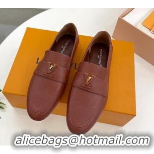 Good Looking Louis Vuitton LV Capri Loafers in Grained Leather Dark Brown 104004