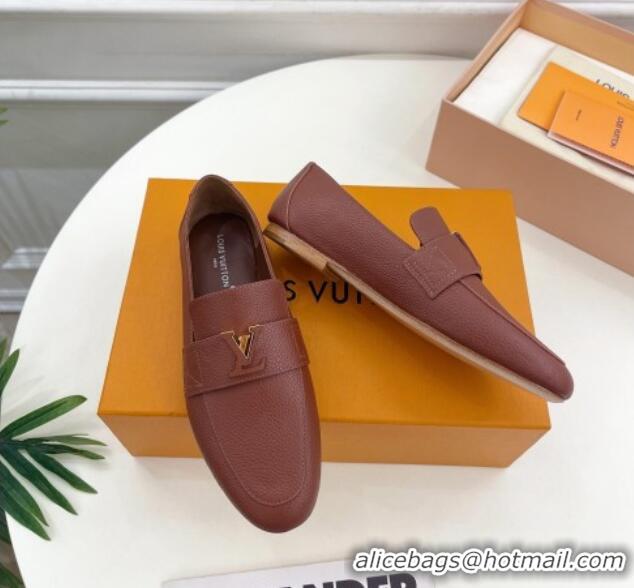 Good Looking Louis Vuitton LV Capri Loafers in Grained Leather Dark Brown 104004