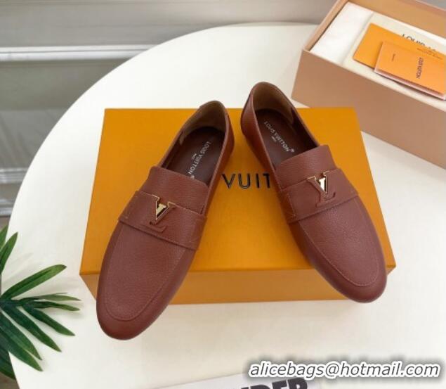 Good Looking Louis Vuitton LV Capri Loafers in Grained Leather Dark Brown 104004