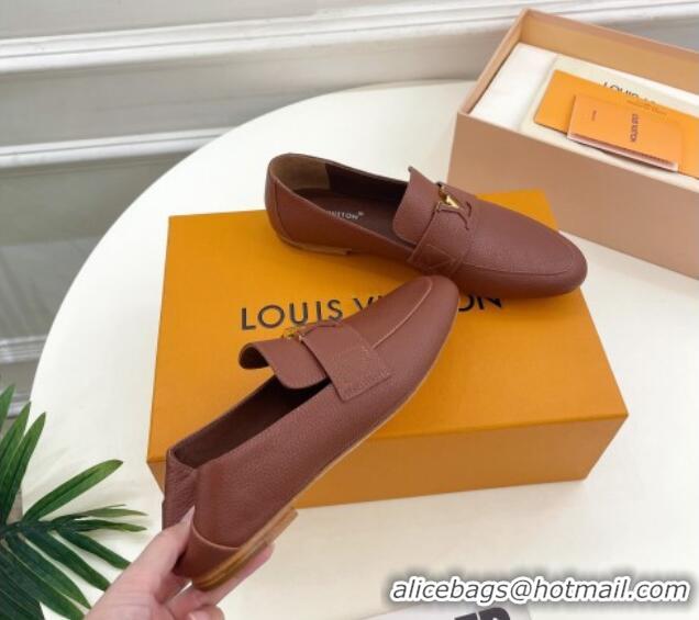 Good Looking Louis Vuitton LV Capri Loafers in Grained Leather Dark Brown 104004