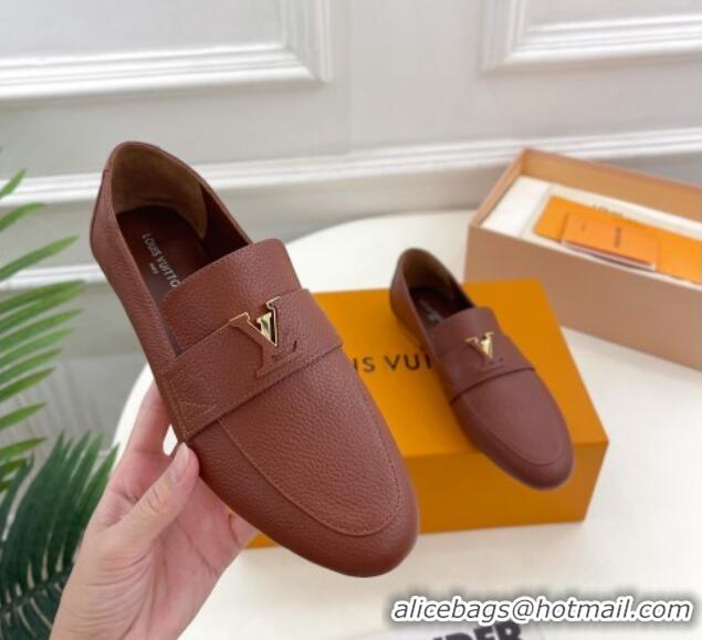 Good Looking Louis Vuitton LV Capri Loafers in Grained Leather Dark Brown 104004