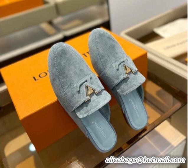 Pretty Style Louis Vuitton LV Capri Mules Flat in Suede Dusty Blue 104008