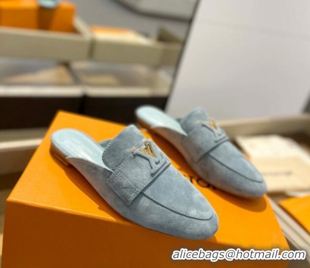 Pretty Style Louis Vuitton LV Capri Mules Flat in Suede Dusty Blue 104008