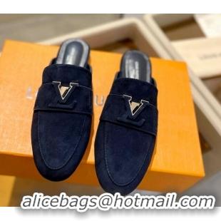 Low Cost Louis Vuitton LV Capri Mules Flat in Suede Dark Blue 1104010