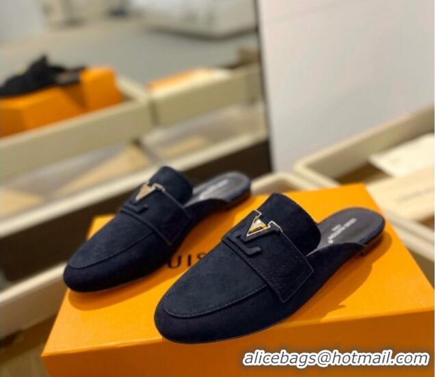 Low Cost Louis Vuitton LV Capri Mules Flat in Suede Dark Blue 1104010