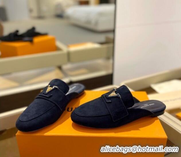 Low Cost Louis Vuitton LV Capri Mules Flat in Suede Dark Blue 1104010