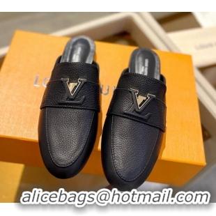 Shop Duplicate Louis Vuitton LV Capri Mules Flat in Grained Leather Black 104011