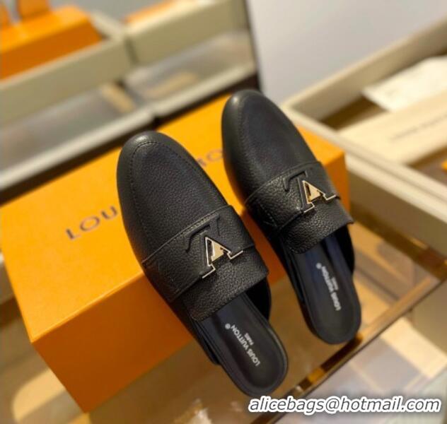 Shop Duplicate Louis Vuitton LV Capri Mules Flat in Grained Leather Black 104011