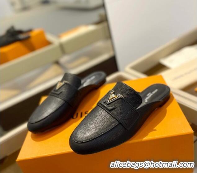 Shop Duplicate Louis Vuitton LV Capri Mules Flat in Grained Leather Black 104011