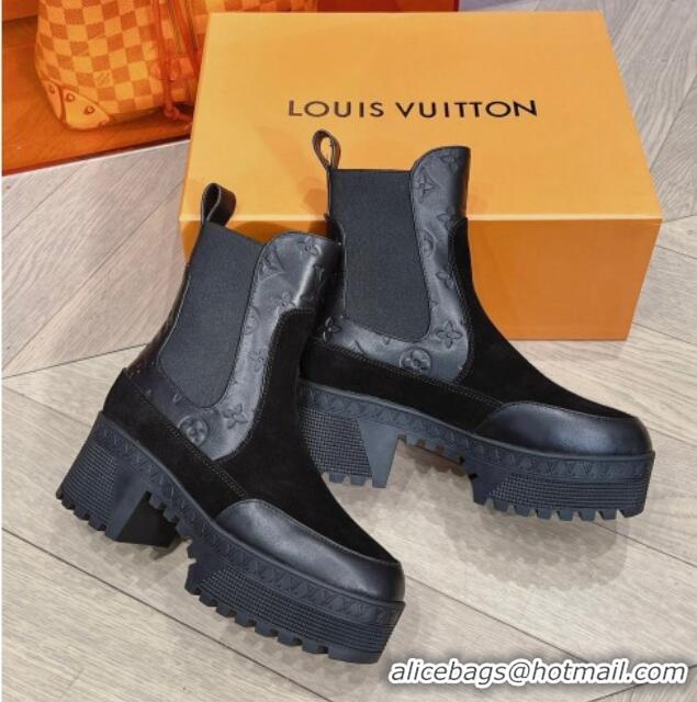 Stylish Louis Vuitton Laureate Platform Chelsea Boots in Suede and Monogram Leather Black 106066