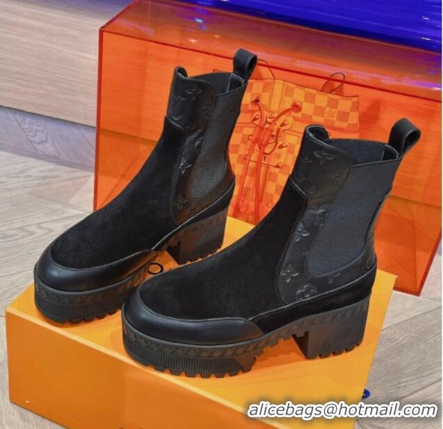 Stylish Louis Vuitton Laureate Platform Chelsea Boots in Suede and Monogram Leather Black 106066