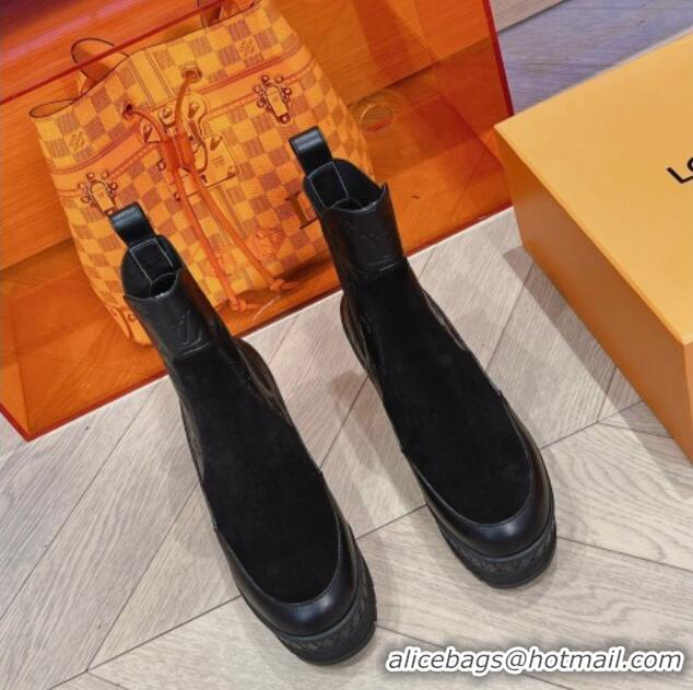 Stylish Louis Vuitton Laureate Platform Chelsea Boots in Suede and Monogram Leather Black 106066