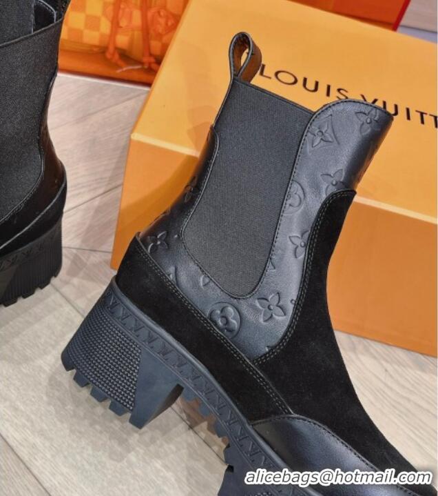 Stylish Louis Vuitton Laureate Platform Chelsea Boots in Suede and Monogram Leather Black 106066