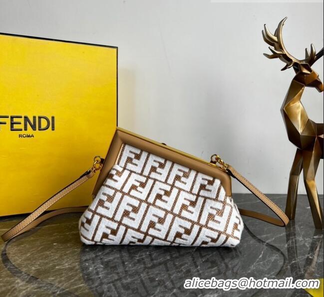 Good Taste Fendi First Small Bag in Raffia Straw with white tapestry fabric FF motif FE5043 2023