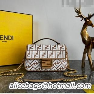 Promotional Fendi Baguette Chain Midi Bag in Raffia Straw with white tapestry fabric FF motif FE5044 2023