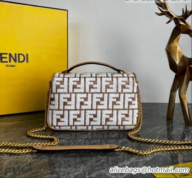 Promotional Fendi Baguette Chain Midi Bag in Raffia Straw with white tapestry fabric FF motif FE5044 2023