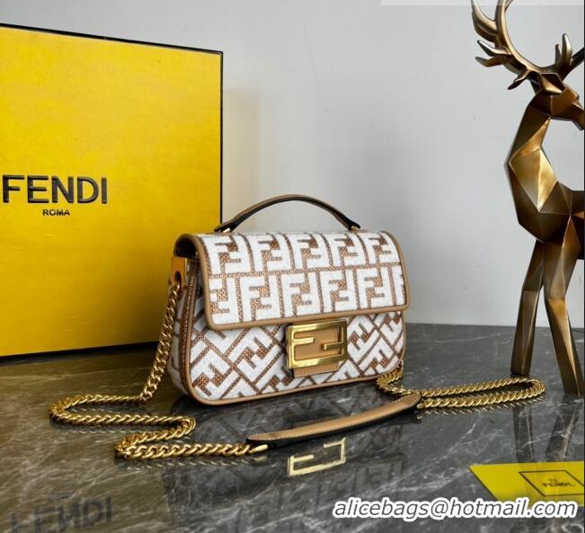 Promotional Fendi Baguette Chain Midi Bag in Raffia Straw with white tapestry fabric FF motif FE5044 2023