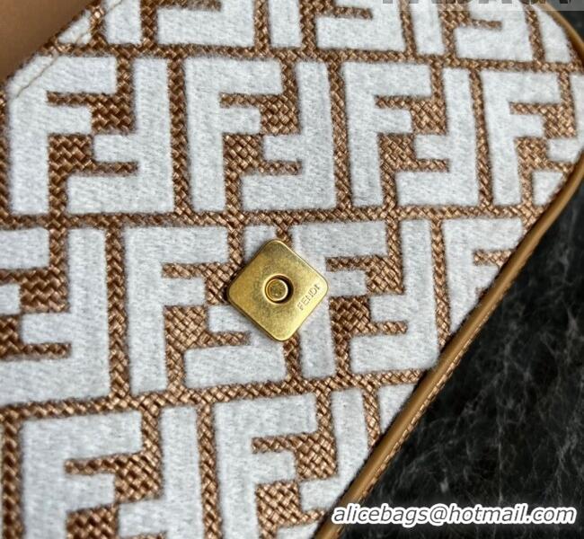 Promotional Fendi Baguette Chain Midi Bag in Raffia Straw with white tapestry fabric FF motif FE5044 2023