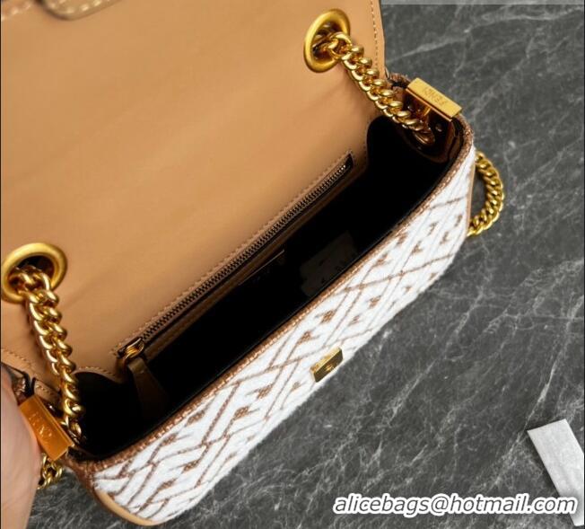 Promotional Fendi Baguette Chain Midi Bag in Raffia Straw with white tapestry fabric FF motif FE5044 2023