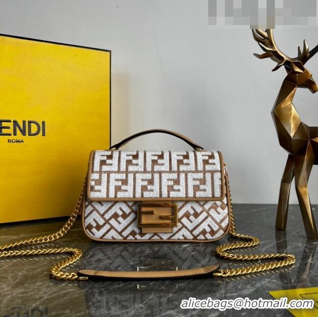 Promotional Fendi Baguette Chain Midi Bag in Raffia Straw with white tapestry fabric FF motif FE5044 2023