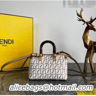 Well Crafted Fendi By The Way Mini Boston Bag in Raffia Straw with white tapestry fabric FF motif FE5045 2023