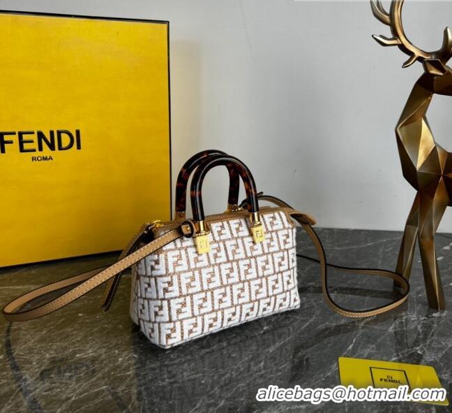 Well Crafted Fendi By The Way Mini Boston Bag in Raffia Straw with white tapestry fabric FF motif FE5045 2023