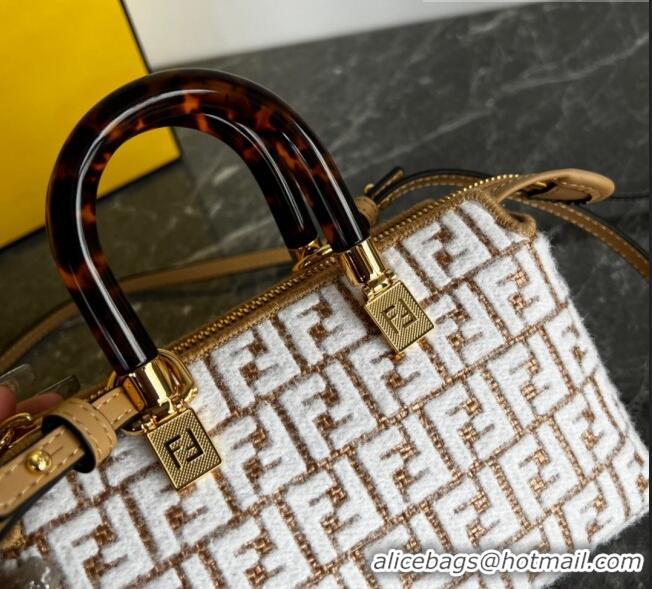 Well Crafted Fendi By The Way Mini Boston Bag in Raffia Straw with white tapestry fabric FF motif FE5045 2023