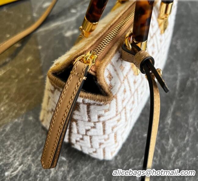 Well Crafted Fendi By The Way Mini Boston Bag in Raffia Straw with white tapestry fabric FF motif FE5045 2023