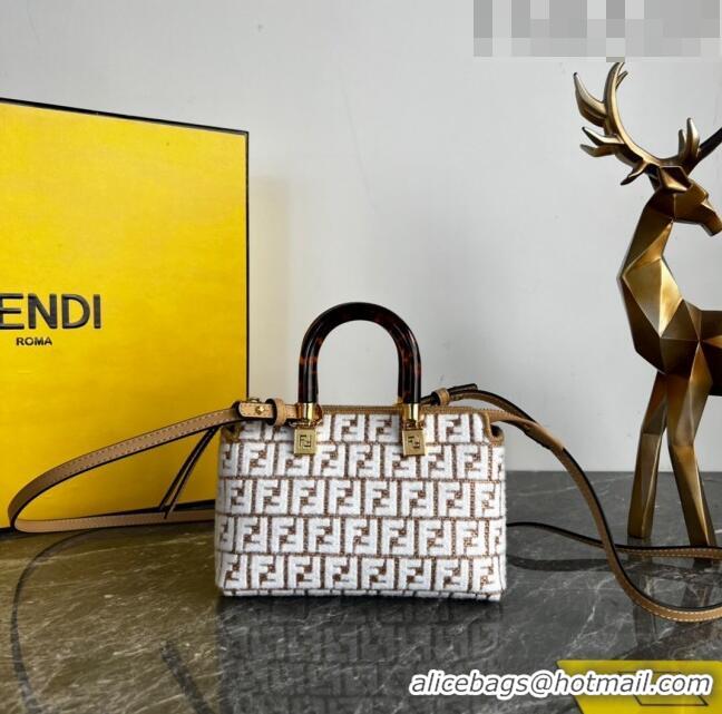 Well Crafted Fendi By The Way Mini Boston Bag in Raffia Straw with white tapestry fabric FF motif FE5045 2023