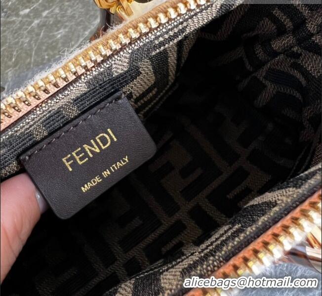 Well Crafted Fendi By The Way Mini Boston Bag in Raffia Straw with white tapestry fabric FF motif FE5045 2023