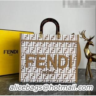 Well Crafted Fendi Sunshine Medium Tote Bag in Raffia Straw with white tapestry fabric FF motif FE5046 2023