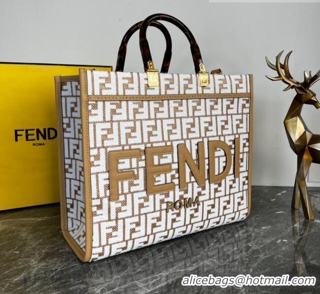 Well Crafted Fendi Sunshine Medium Tote Bag in Raffia Straw with white tapestry fabric FF motif FE5046 2023