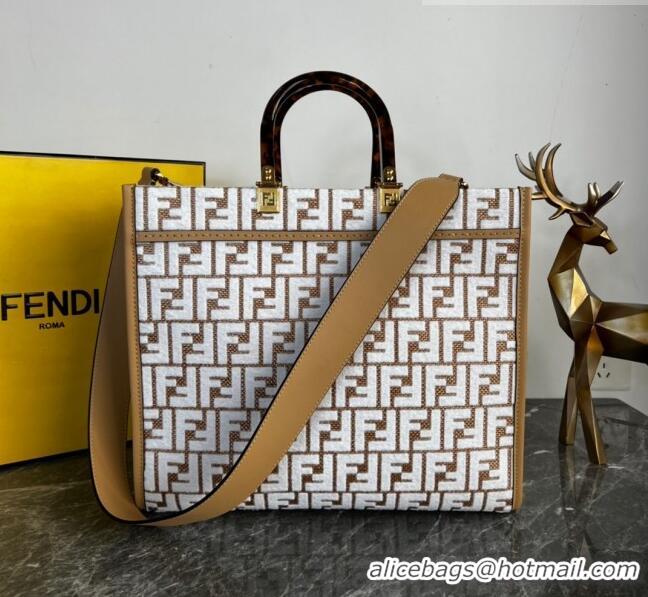 Well Crafted Fendi Sunshine Medium Tote Bag in Raffia Straw with white tapestry fabric FF motif FE5046 2023