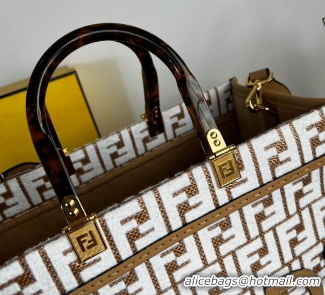 Well Crafted Fendi Sunshine Medium Tote Bag in Raffia Straw with white tapestry fabric FF motif FE5046 2023