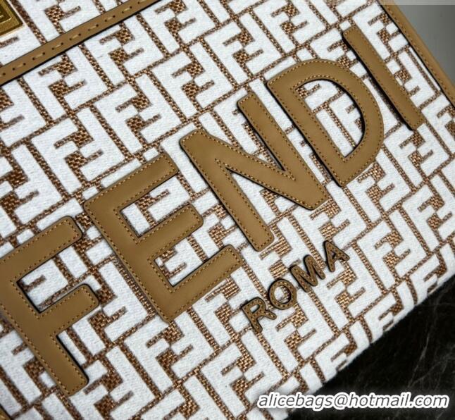 Well Crafted Fendi Sunshine Medium Tote Bag in Raffia Straw with white tapestry fabric FF motif FE5046 2023