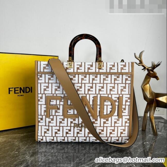 Well Crafted Fendi Sunshine Medium Tote Bag in Raffia Straw with white tapestry fabric FF motif FE5046 2023