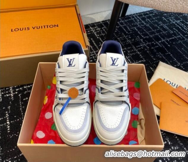 Luxury Louis Vuitton LV Trainer Sneakers in Calf Leather White/Blue 106078