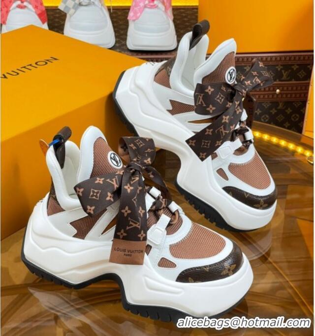 Good Product Louis Vuitton LV Archlight 2.0 Platform Sneakers in Calf Leather and Knit with Bandeau Bow Brown 121010