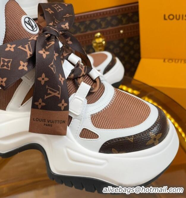 Good Product Louis Vuitton LV Archlight 2.0 Platform Sneakers in Calf Leather and Knit with Bandeau Bow Brown 121010