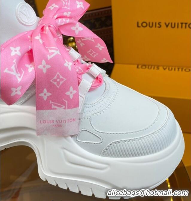 Luxurious Louis Vuitton LV Archlight 2.0 Platform Sneakers in Calf Leather with Bandeau Bow White/Light Pink 121012