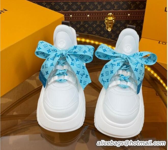 Classic Hot Louis Vuitton LV Archlight 2.0 Platform Sneakers in Calf Leather with Bandeau Bow White/Light Blue 121014