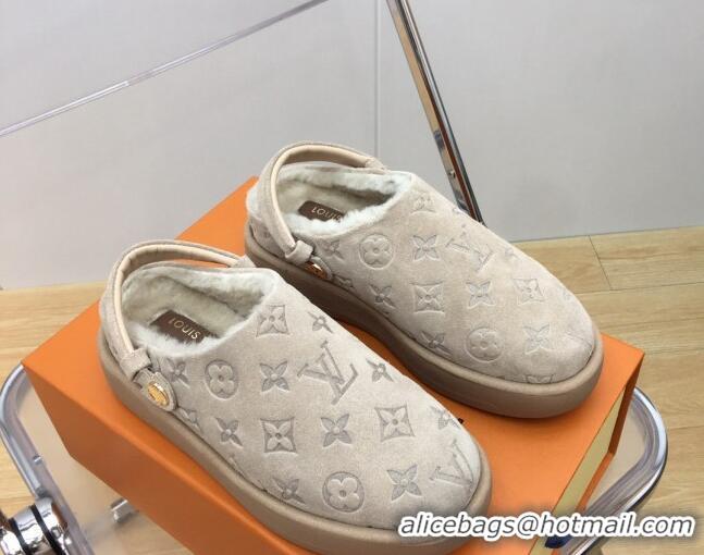 Top Design Louis Vuitton Lous Open Back Mules in Monogram Suede and Wool Grey 121026