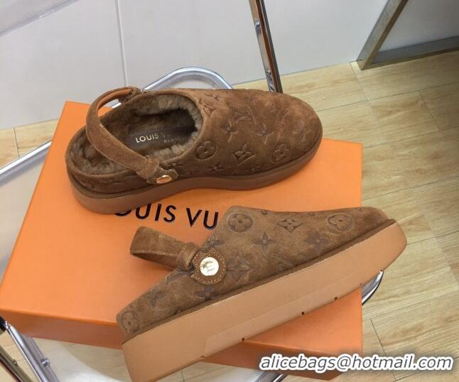 Best Price Louis Vuitton Lous Open Back Mules in Monogram Suede and Wool Brown 121027