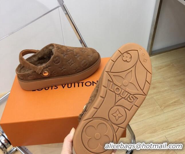 Best Price Louis Vuitton Lous Open Back Mules in Monogram Suede and Wool Brown 121027