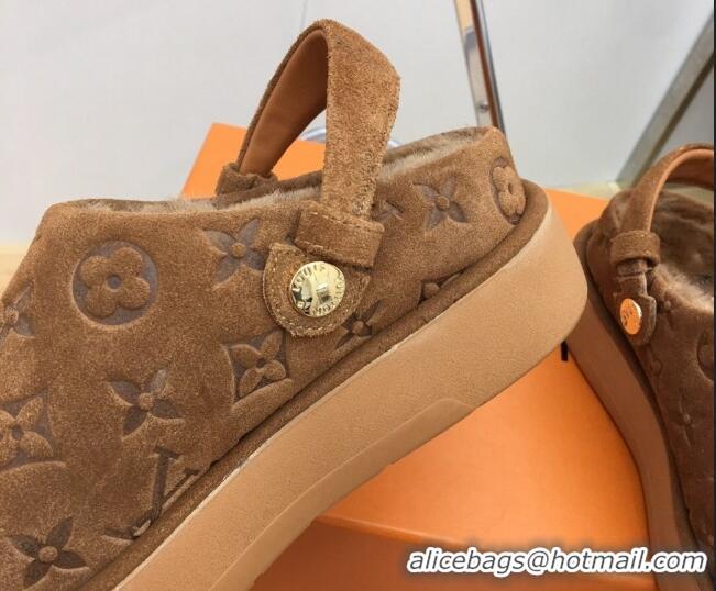 Best Price Louis Vuitton Lous Open Back Mules in Monogram Suede and Wool Brown 121027