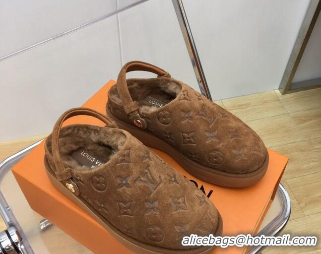 Best Price Louis Vuitton Lous Open Back Mules in Monogram Suede and Wool Brown 121027