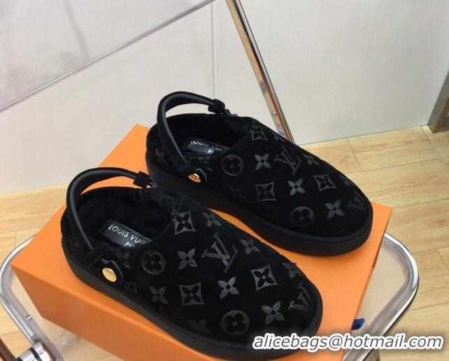 Purchase Louis Vuitton Lous Open Back Mules in Monogram Suede and Wool Black 121028