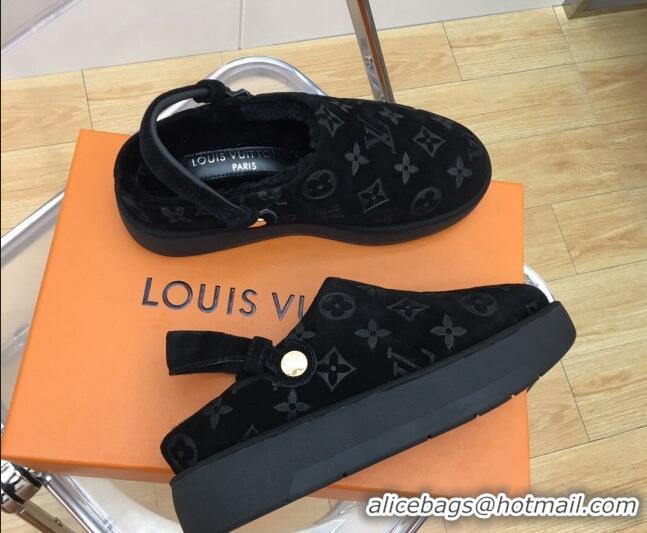 Purchase Louis Vuitton Lous Open Back Mules in Monogram Suede and Wool Black 121028